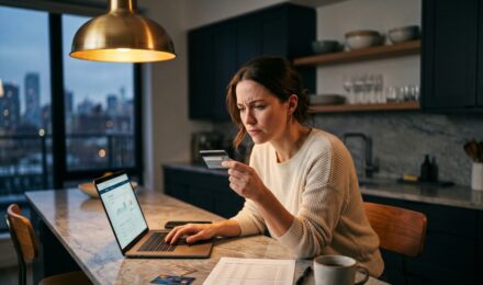 Person reviewing credit card statements surrounded by bills, illustrating common credit card debt mistakes