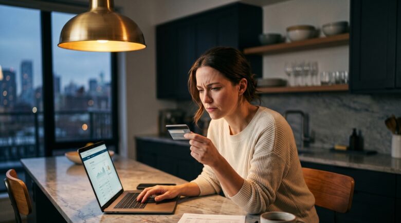 Person reviewing credit card statements surrounded by bills, illustrating common credit card debt mistakes