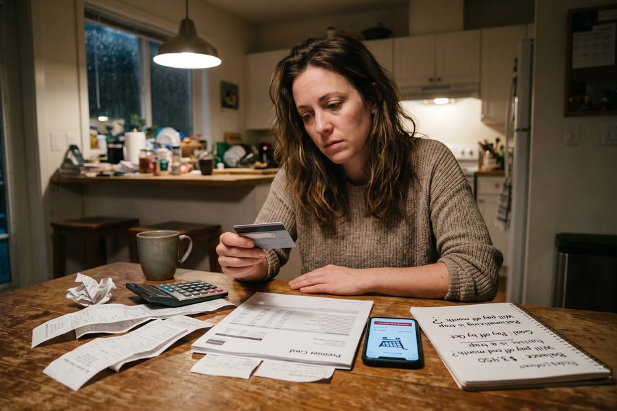 Person cutting up credit card next to a debt payoff tracker showing steady progress