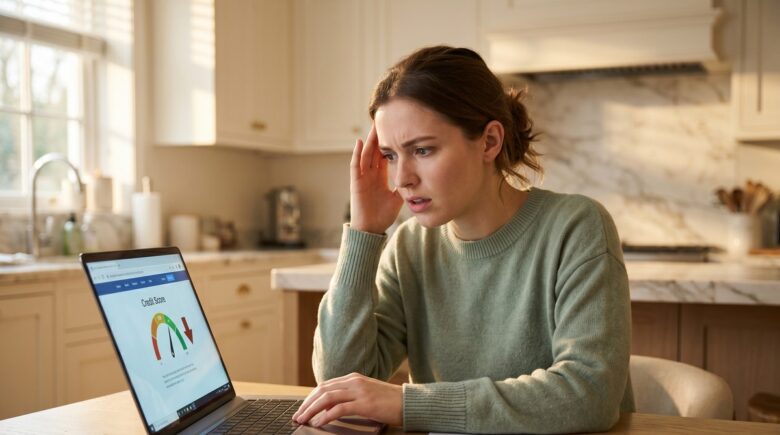 Person checking credit score on phone after paying off debt and seeing a drop