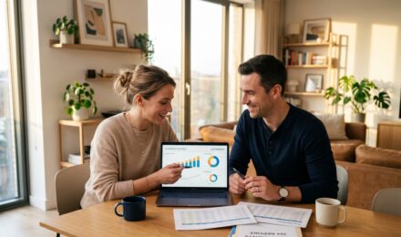 Dual-income couple reviewing their savings strategy and budget together at home