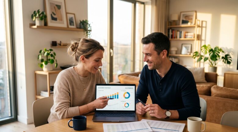 Dual-income couple reviewing their savings strategy and budget together at home