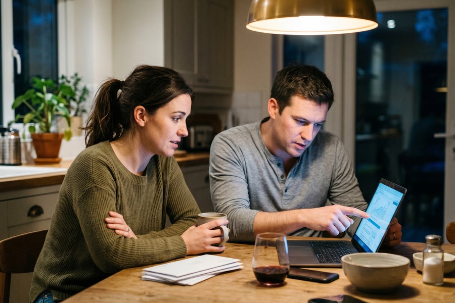 A couple sitting together reviewing automated savings transfers on a financial planning app