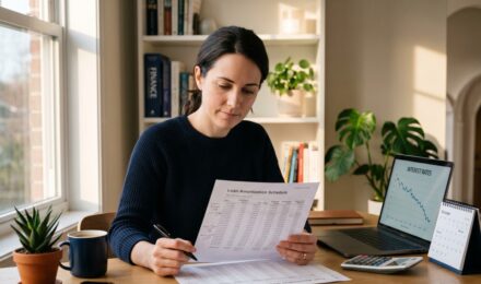 Person reviewing credit card statements and debt payoff calculations at a desk with a calculator