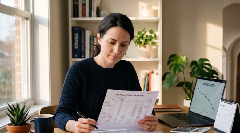Person reviewing credit card statements and debt payoff calculations at a desk with a calculator