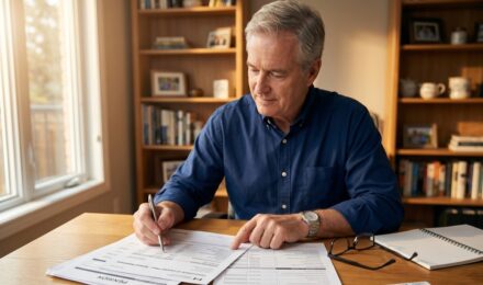 Federal government employee reviewing FERS pension retirement plan documents at a desk