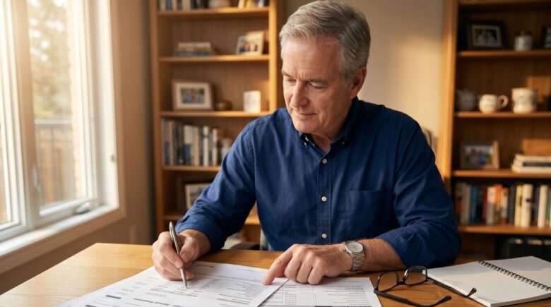 Federal government employee reviewing FERS pension retirement plan documents at a desk