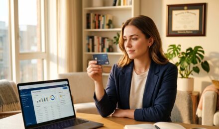 Recent college graduate holding their first credit card and reviewing a monthly statement
