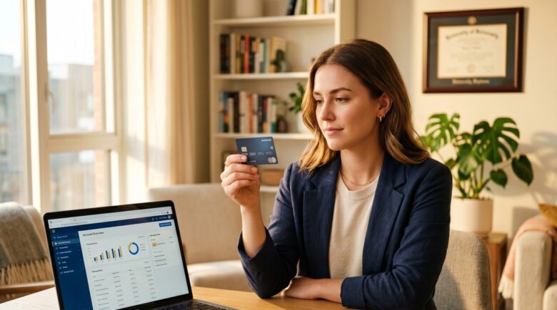 Recent college graduate holding their first credit card and reviewing a monthly statement