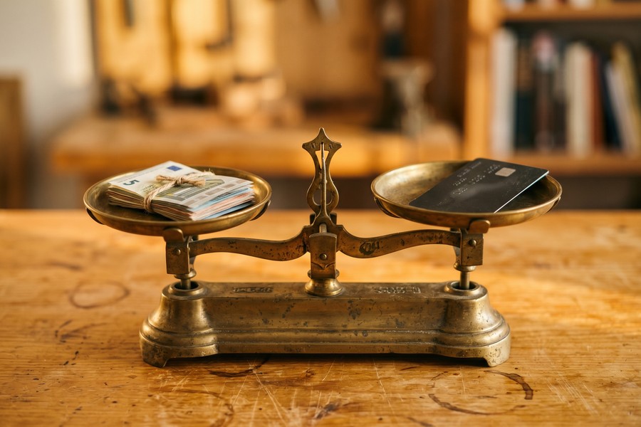 Recent college graduate reviewing credit card statement on a smartphone at a desk