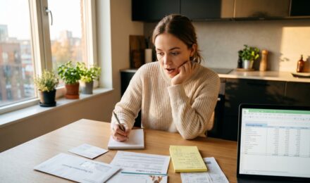 A person reviewing a budget spreadsheet and discovering forgotten expense categories they had overlooked