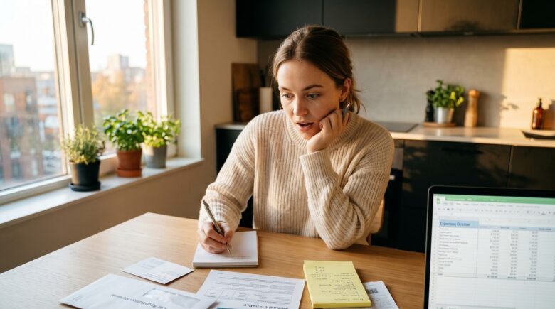 A person reviewing a budget spreadsheet and discovering forgotten expense categories they had overlooked