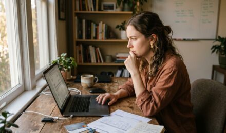 Freelancer reviewing credit card statements and budgeting on a laptop at a home desk