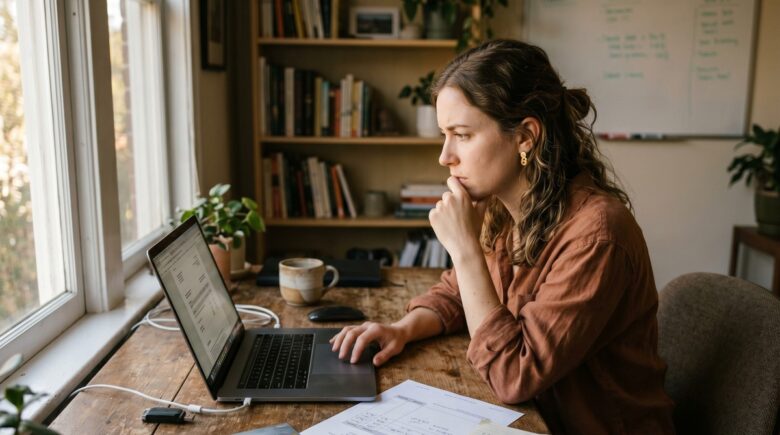 Freelancer reviewing credit card statements and budgeting on a laptop at a home desk