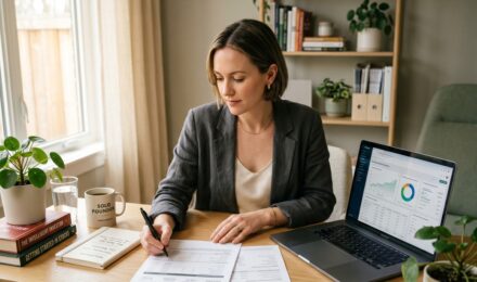 Freelancer reviewing investment and wealth building options at a home office desk