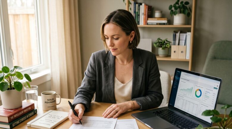 Freelancer reviewing investment and wealth building options at a home office desk