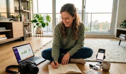 Gig worker reviewing three income streams on a laptop while budgeting with a notebook and calculator