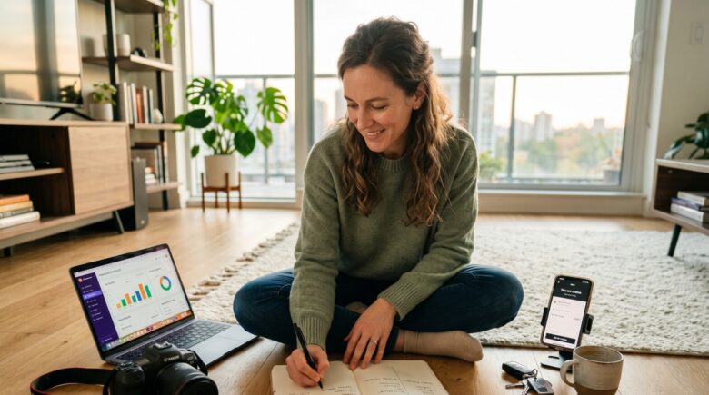 Gig worker reviewing three income streams on a laptop while budgeting with a notebook and calculator
