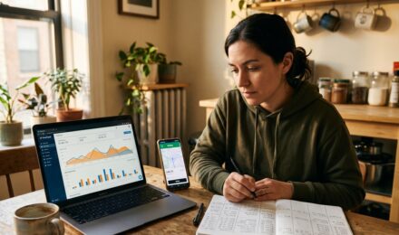 Gig economy worker reviewing finances on laptop to manage prime rate volatility