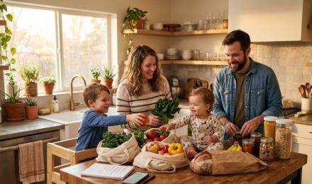 Family reviewing grocery budget by household size at kitchen table