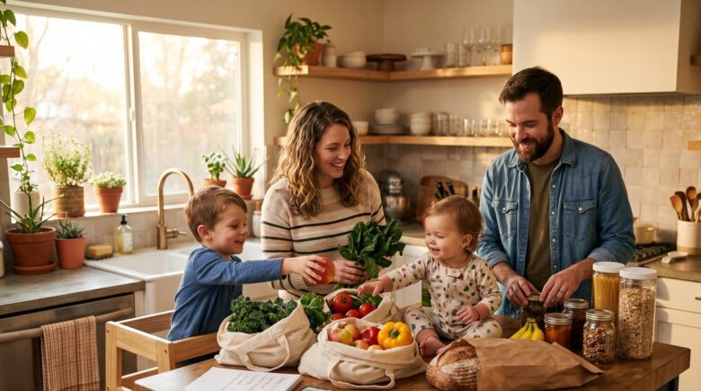 Family reviewing grocery budget by household size at kitchen table
