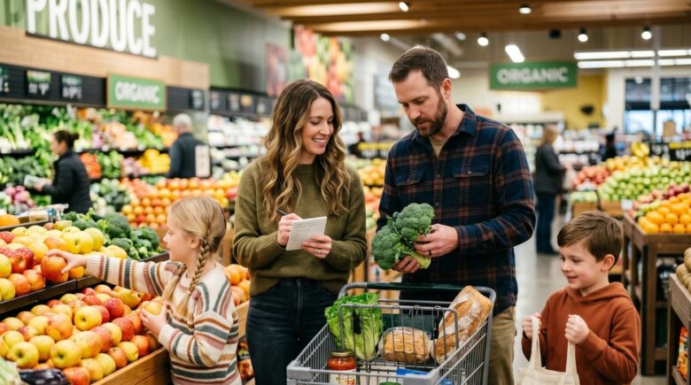 Family reviewing grocery budget by household size at kitchen table