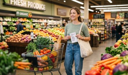 Person reviewing grocery budget strategies with receipt and shopping list on kitchen counter