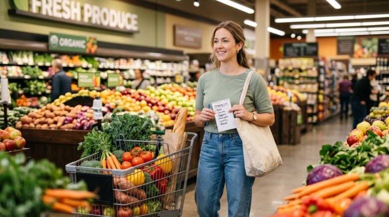 Person reviewing grocery budget strategies with receipt and shopping list on kitchen counter