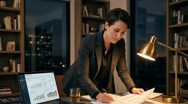 High-income earner reviewing retirement savings strategy with financial documents and contribution limit charts on a desk