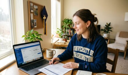 Recent college graduate reviewing high-yield savings account options while managing student loan repayment on a laptop