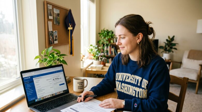 Recent college graduate reviewing high-yield savings account options while managing student loan repayment on a laptop