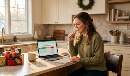 Person creating a holiday budget plan on paper with calculator and festive decorations nearby
