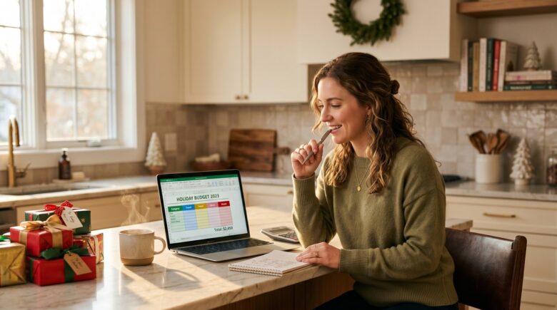 Person creating a holiday budget plan on paper with calculator and festive decorations nearby