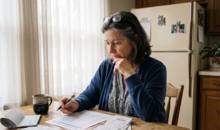 Elderly couple reviewing retirement budget documents at a kitchen table with rising price tags visible in the background