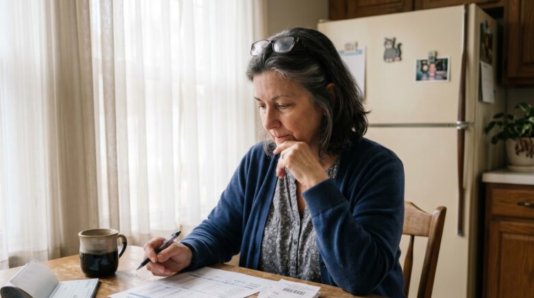 Elderly couple reviewing retirement budget documents at a kitchen table with rising price tags visible in the background