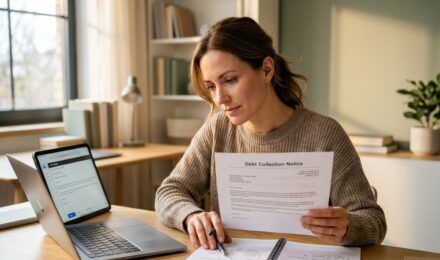 Person reviewing debt collection letter and preparing a written dispute to send to a debt collector
