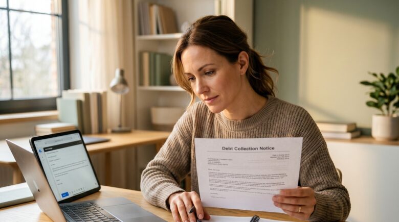 Person reviewing debt collection letter and preparing a written dispute to send to a debt collector