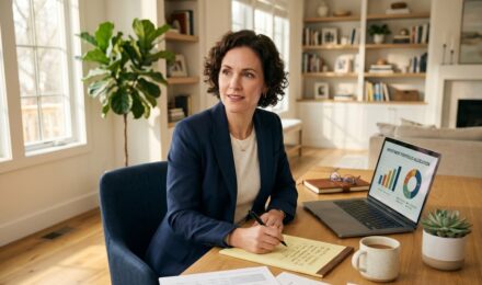 Person reviewing a step-by-step investment allocation plan for $50,000 on a laptop with charts and financial documents