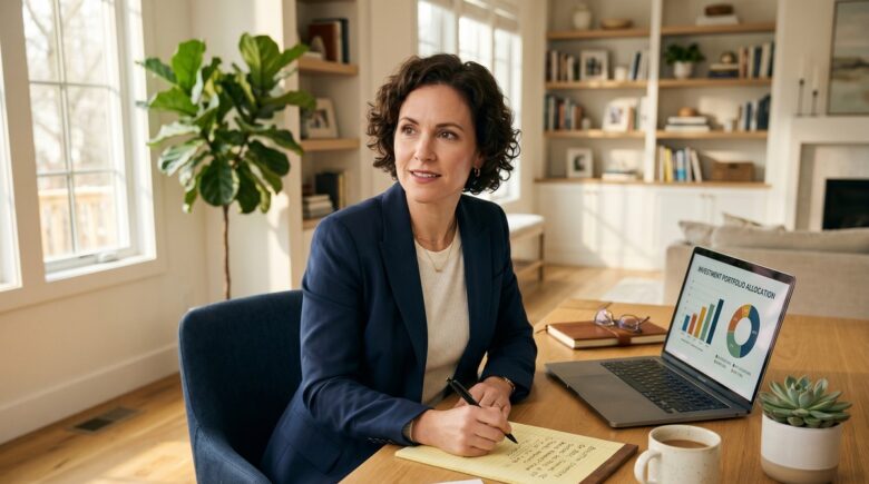 Person reviewing a step-by-step investment allocation plan for $50,000 on a laptop with charts and financial documents