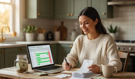 Person tracking monthly savings progress toward a $10,000 goal in a notebook with a calculator and piggy bank