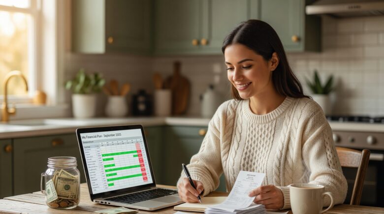 Person tracking monthly savings progress toward a $10,000 goal in a notebook with a calculator and piggy bank