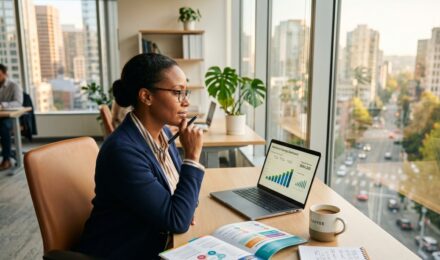 Employee reviewing 457b retirement plan documents at a desk with a calculator and laptop