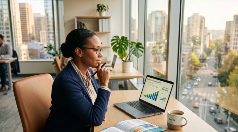 Employee reviewing 457b retirement plan documents at a desk with a calculator and laptop