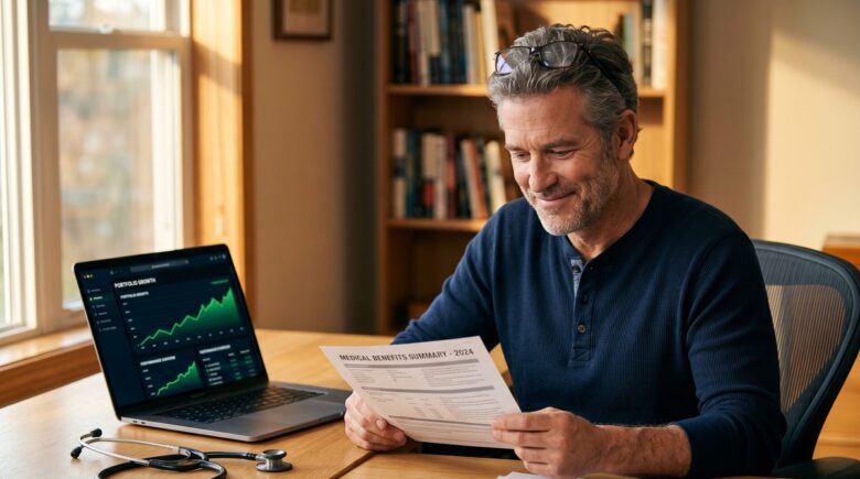 Person reviewing HSA retirement strategy documents with triple tax advantage chart