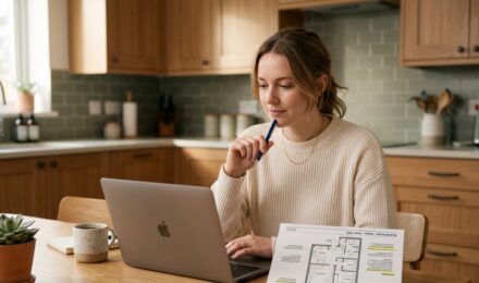 Person reviewing income housing budget percentage on a laptop with rent and mortgage documents nearby