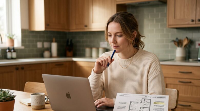 Person reviewing income housing budget percentage on a laptop with rent and mortgage documents nearby