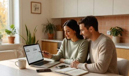Couple reviewing joint savings account options together at a laptop
