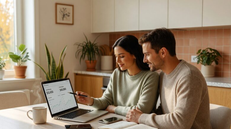 Couple reviewing joint savings account options together at a laptop