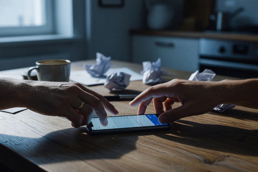 Couple reviewing a financial agreement document at a kitchen table