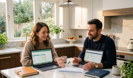 Married couple reviewing separate savings accounts and budget on laptop together at home